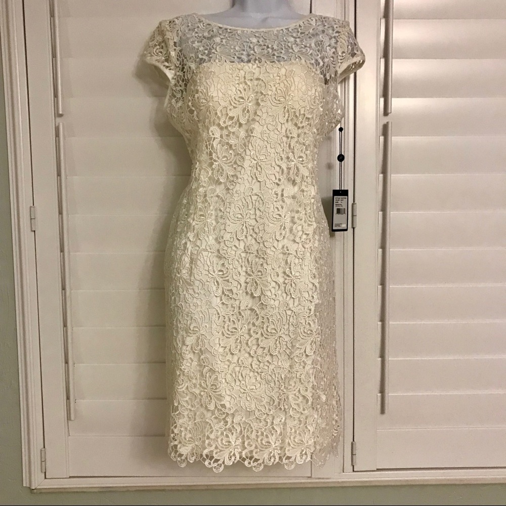 Cream knee-length lace wedding dress size 14p new